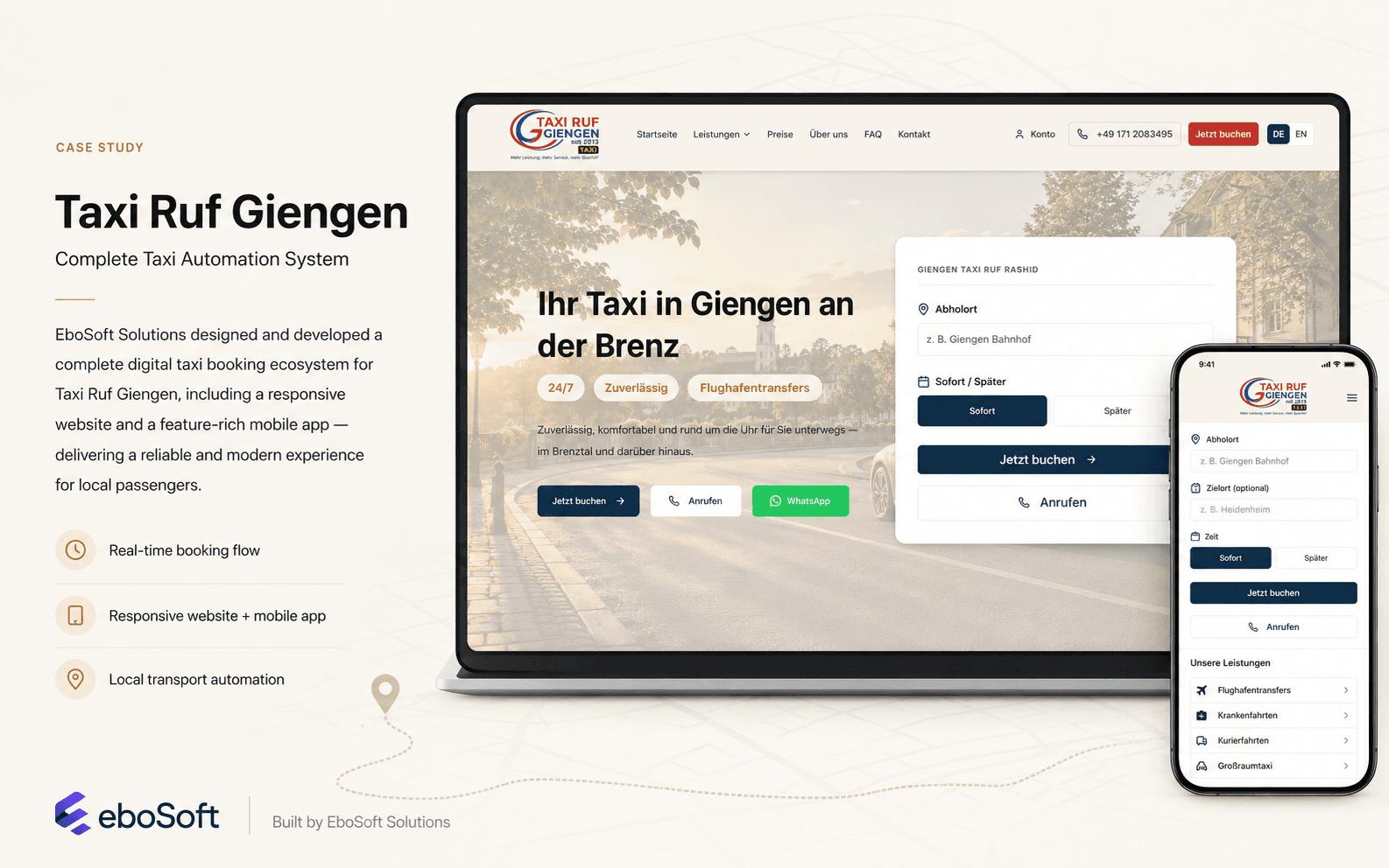 Taxi Ruf Giengen website and mobile app showing the booking interface for taxi rides in Giengen.