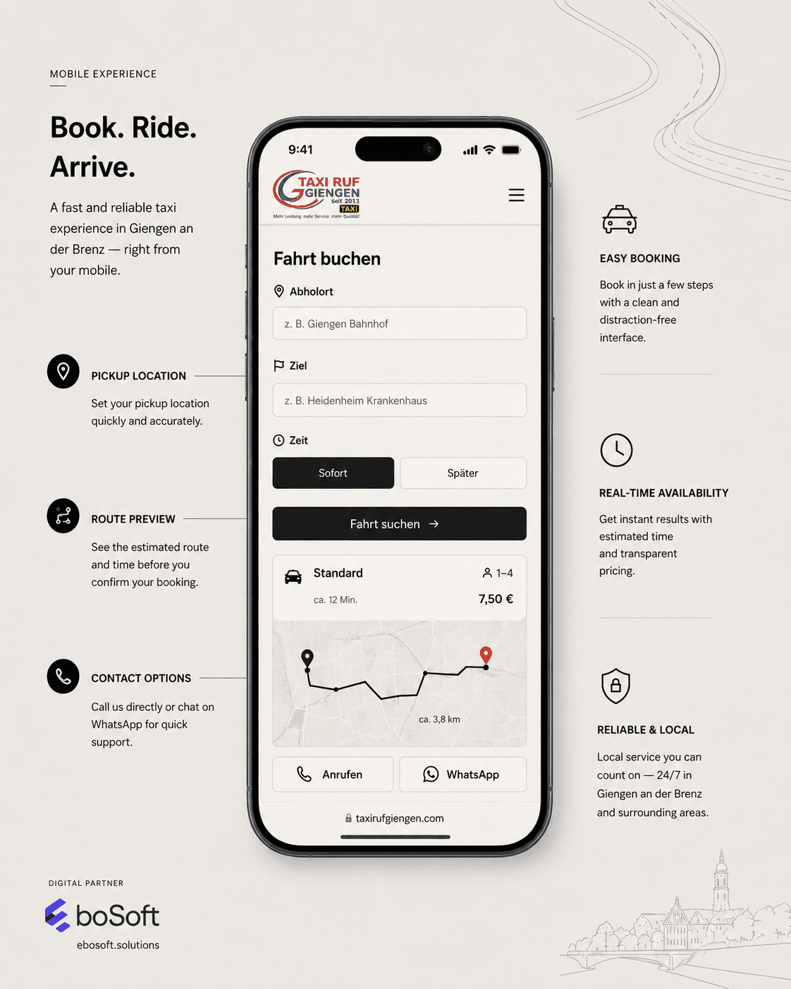 Mobile app screen showing ride booking with route preview, fare estimate and contact options.